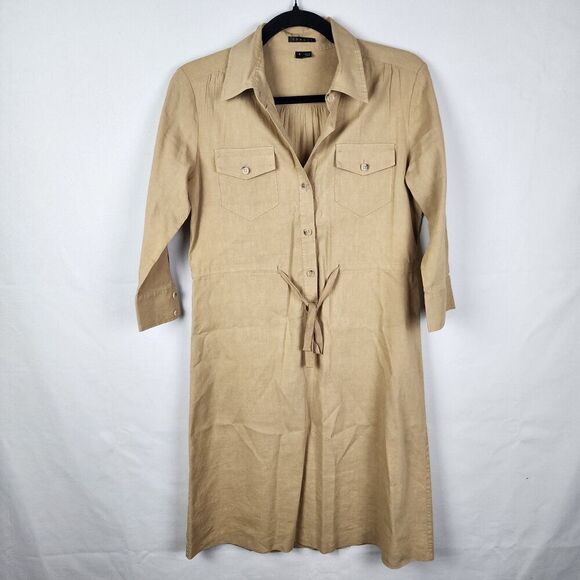 Theory Half Button Up Shirt Dress Safari Linen Size 4 Minimalist Neutral Earthy - Picture 1 of 6
